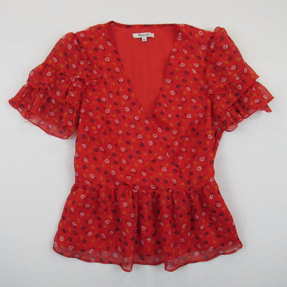 Madewell Red Floral Ruffle Sleeves V-Neck Top Women's Size 0 Chiffon Top